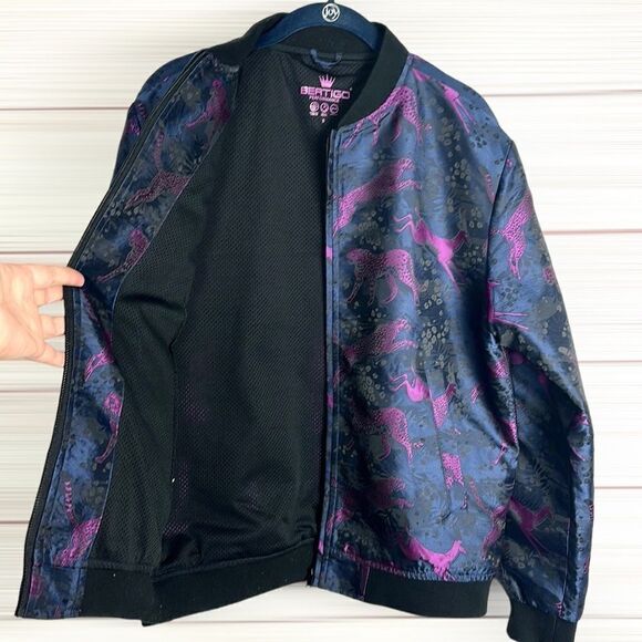 BERTIGO lan Animal Impala & Cheetah Jacquard  Bomber Jacket Navy Blue / Purple S - Picture 5 of 15